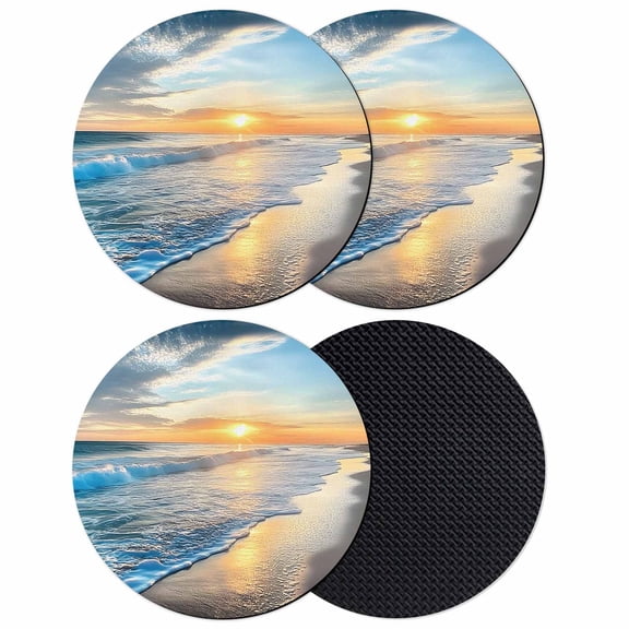 Sunset Beach Coasters Set of 4, Soft Absorbent Coasters for Drinks, Spray Ocean Waves Sky Nature Scenery Non-Slip Cup Coaster Mat with Rubber Bottom for Home Kitchen Desk Coffee Bar Table Decor 4"