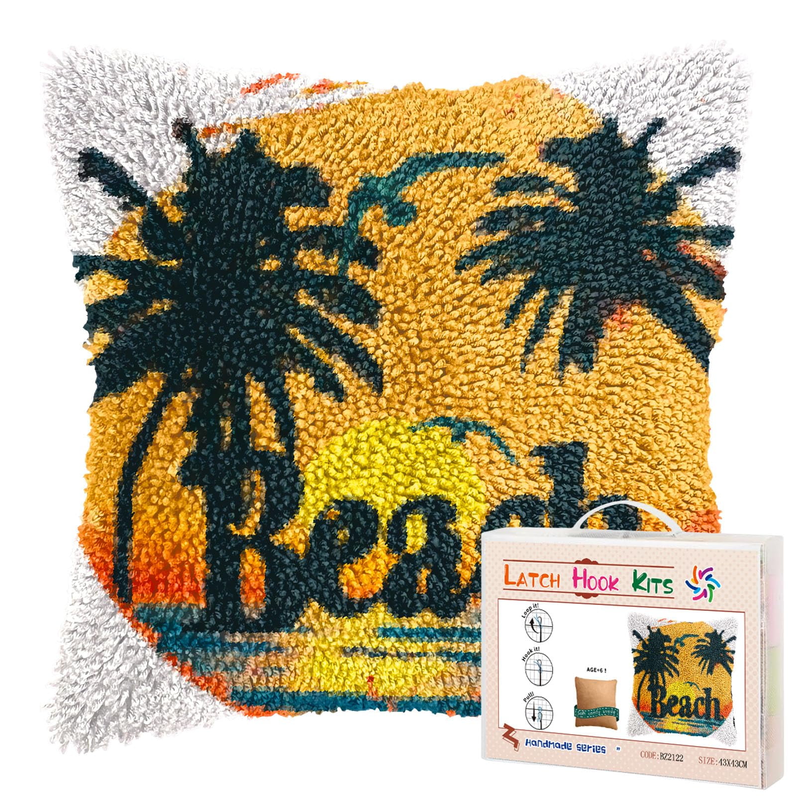 Sunset and Beach Coconut Trees DIY Latch Hook Pillow Kits for Adults Printed Pillowcase Crochet Yarns Hooking Handmade Pillow Cover Cushion for Home Sofa Decoration 17x17inch