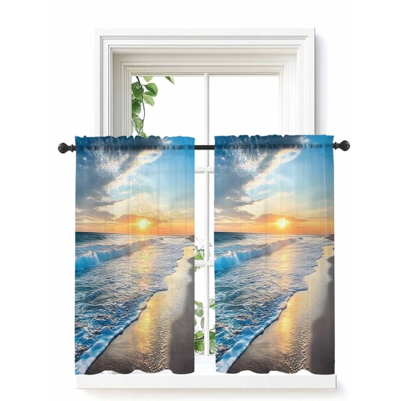 Sunset Beach Curtains 45 Inch Length, Sheer Curtains for Bedroom Living Room Window Spray Ocean Waves Sky Nature Scenery Rod Pocket Voile Drapes Kitchen Curtains Small Half Window 42"x45" 2 Panels