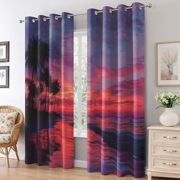 Sunset Beach Curtains, Ocean Wave Pattern Blackout Curtains, Palm Tree Home Decor for Living Room Bedroom, Thermal Insulated Grommet Drapes 42"W x 108"L (Pack of 2)