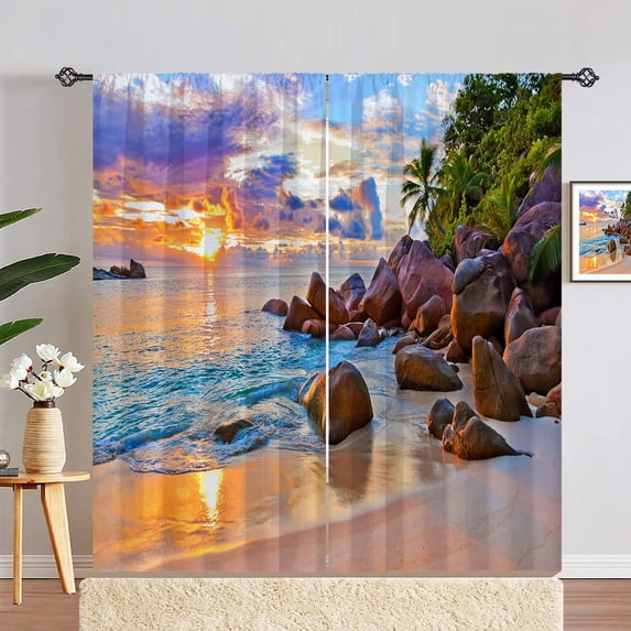 Sunset Beach Curtains Rod Pocket Blackout Room Darkening Curtains with Tropical Ocean Rocks Scenery Print Pattern Nature Theme Window Drapes for Bedroom Living Room Office 2 Panels 52 x 84 Inch