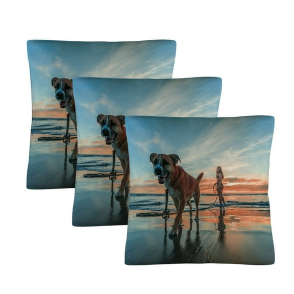 Sunset Beach Dog Walk Throw Pillow Covers 18x18 Inch, Set of 6, Single-Sided Custom Design, Linen-Look, Coastal Scene for Sofa, Bedroom, Living Room, Rustic Home Decor, Zipper Closure, Pet Lover Gift