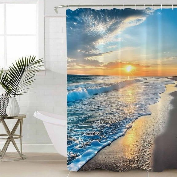 Sunset Beach Extra Long Shower Curtain Set, Waterproof Shower Curtains for Bathroom, Spray Ocean Waves Sky Nature Scenery Washable Fabric Cloth Bath Curtain for Bathtub with Hooks 72x96 Inches