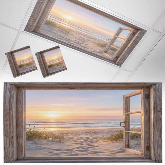 Sunset Beach Fluorescent Light Covers Ocean Wooden Window Coastal Landscape Magnetic Light Filters Ceiling Lighting Panel Shade for Classroom Office Home 2 x 4 ft, 2 Pack