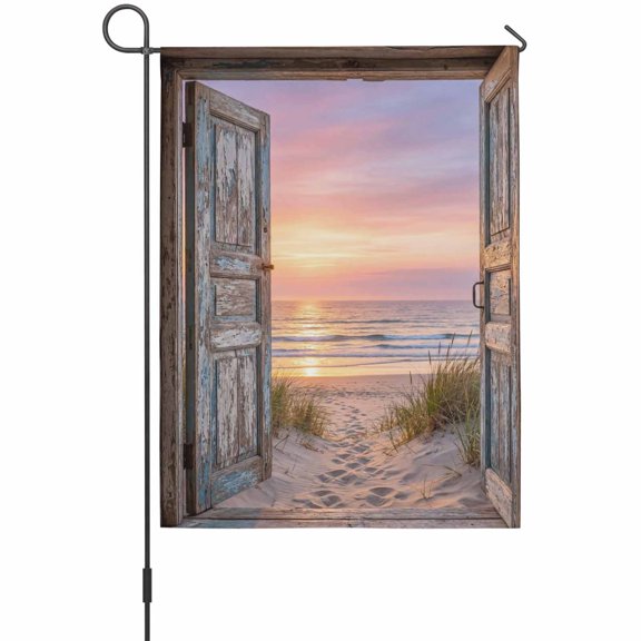 Sunset Beach Garden Flag 12 x 18 Inches, Ocean Wooden Doors Coastal Landscape Weather Proof Outdoor Patio Flags Double Sided Small Garden Decoration for Yard Outside Home
