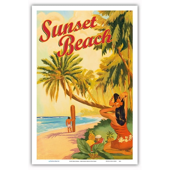 Sunset Beach Hawaii - Oahu North Shore - Surfer - Vintage Hawaiian Travel Poster by Rick Sharp - Master Art Print (Unframed) 12in x 18in