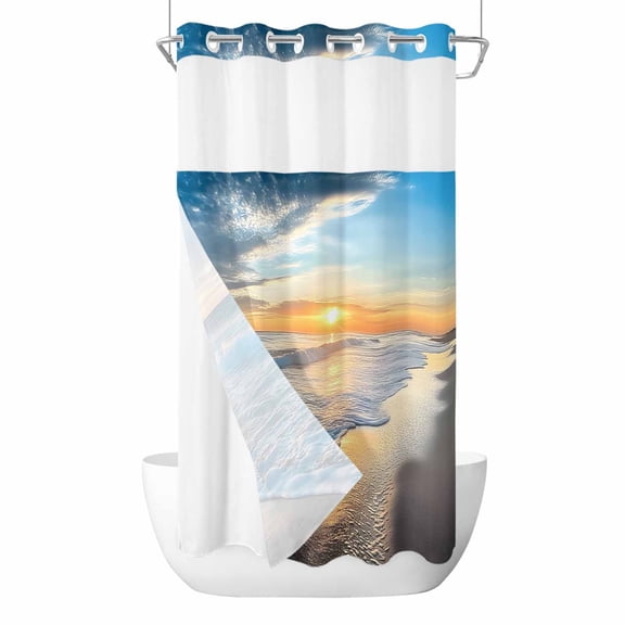 Sunset Beach No Hook Shower Curtain Waterproof, Bathroom Curtains with Snap in Liners and See Through Top Window, Spray Ocean Waves Sky Nature Scenery Hotel Style Bathtub Curtains Shower 36"Wx78"L