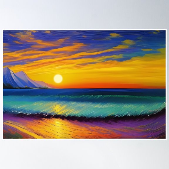 Sunset Beach Impasto Ai Generated Art Poster Wall Art Home Decor Office Wall Art Living Room Decor, Paper Poster Only