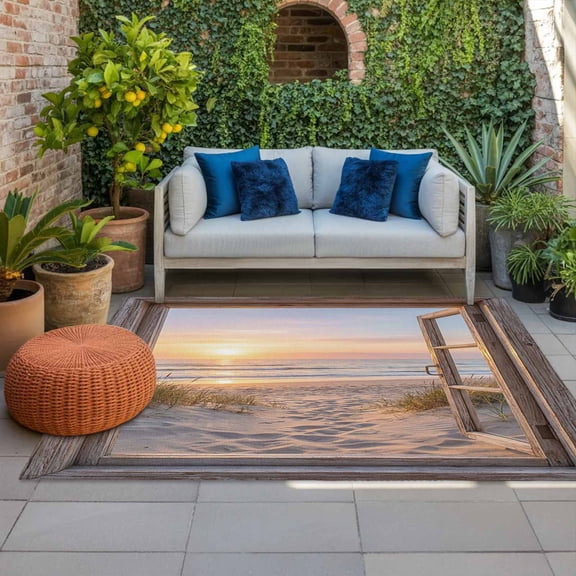 Sunset Beach Indoor Outdoor Rugs 4x6 Ft, Ocean Wooden Window Coastal Landscape Outdoor Patio Rugs Mat Washable Outside Area Rugs Carpet for Porch Deck RV Camping Pool Balcony Backyard