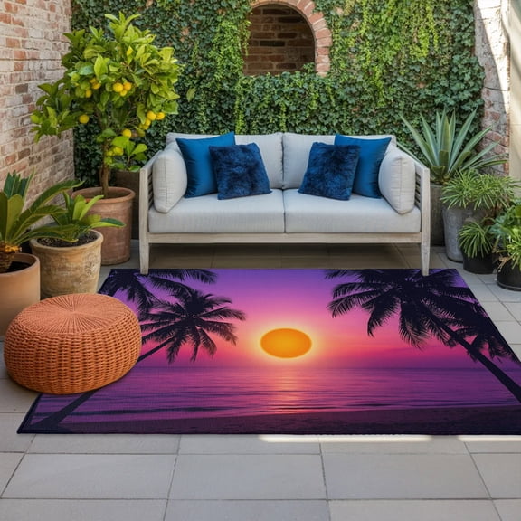 Sunset Beach Indoor Outdoor Rugs 5x7 Ft, Tropical Hawaii Coconut Trees Landscape Outdoor Patio Rugs Mat Washable Outside Area Rugs Carpet for Porch Deck RV Camping Pool Balcony Backyard