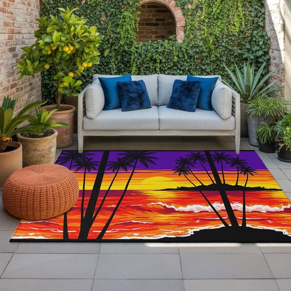 Sunset Beach Indoor Outdoor Rugs 5x8 Ft, Boho Tropical Palms Coastal Orange Evening Glow Outdoor Patio Rugs Mat Washable Outside Area Rugs Carpet for Porch Deck RV Camping Pool Balcony Backyard