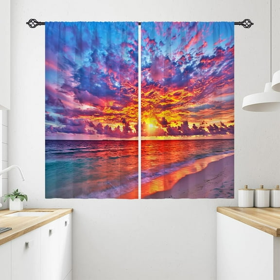 Sunset Beach Kitchen Curtains Nature Landscape Theme Tropical Seaside Ocean Scenery Scene Print Pattern Rod Pocket Waterproof Window Drapes for Bathroom Bedroom Office 2 Panels 26 x 36 Inch