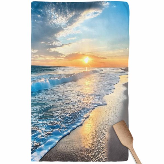 Sunset Beach Kitchen Towel Dish Cloths Set of 1, Microfiber Soft Kitchen Hand Towels, Spray Ocean Waves Sky Nature Scenery Absorbent Quick Drying Dishcloths 18 x 28 Inches