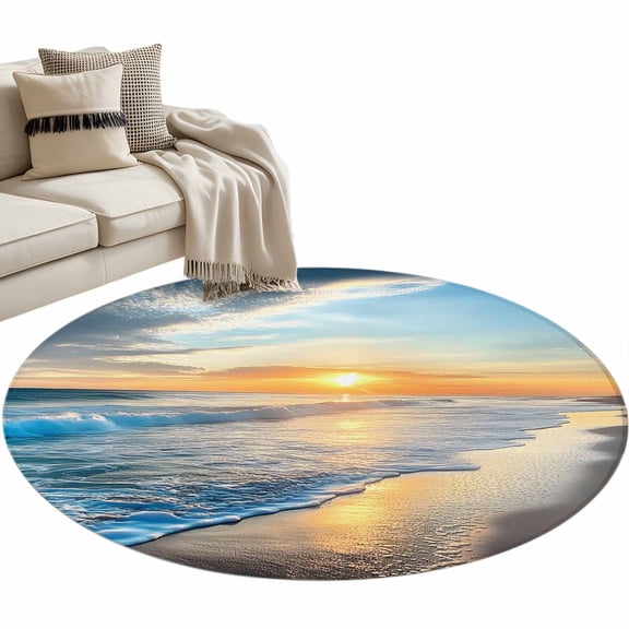 Sunset Beach Large Area Rugs for Bedroom Living Room, Soft Non Slip Carpet Bedside Rug, Spray Ocean Waves Sky Nature Scenery Round Floor Cover Kitchen Accent Rug 3' for Dining Room/Office