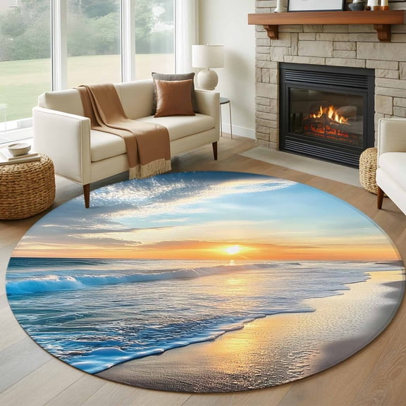 Sunset Beach Large Round Rug 8 FT, Non Slip Living Room Area Carpet, Spray Ocean Waves Sky Nature Scenery Washable Soft Circle Rug Non-Shedding Floor Carpet for Bedroom Office Dining Room