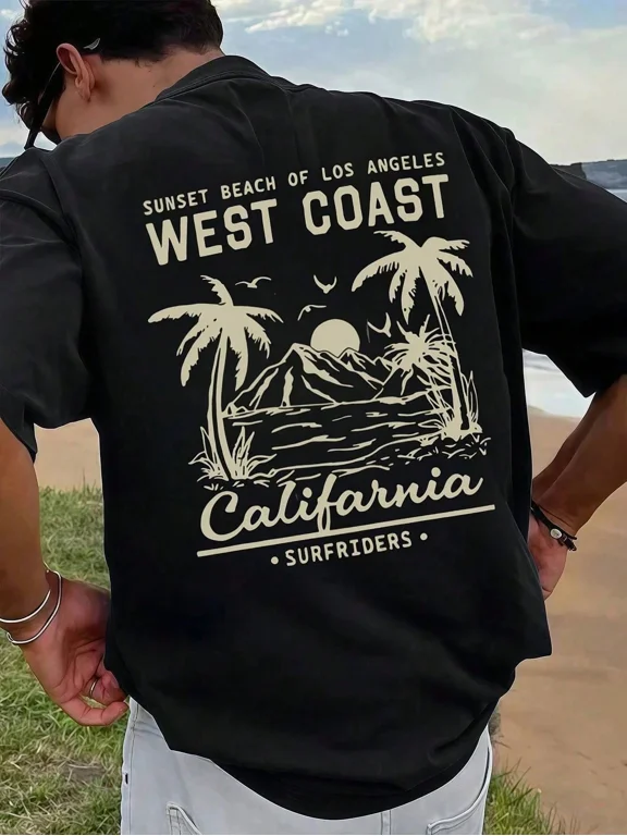 Sunset Beach Los Angeles California Surfriders Palm Trees Vintage Grunge Y2K Short Sleeves Crewneck Cotton Unisex Men's Women's Tee Shirt