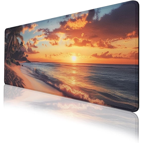 Sunset Beach Mouse Pad Tropical Palm Trees Ocean Waves Large Desk Mat with Stitched Edges,Non-Slip Waterproof Rubber Base Mouse Mat 31.5 x 11.8 Mouse Pads for Desk Home Office Gaming