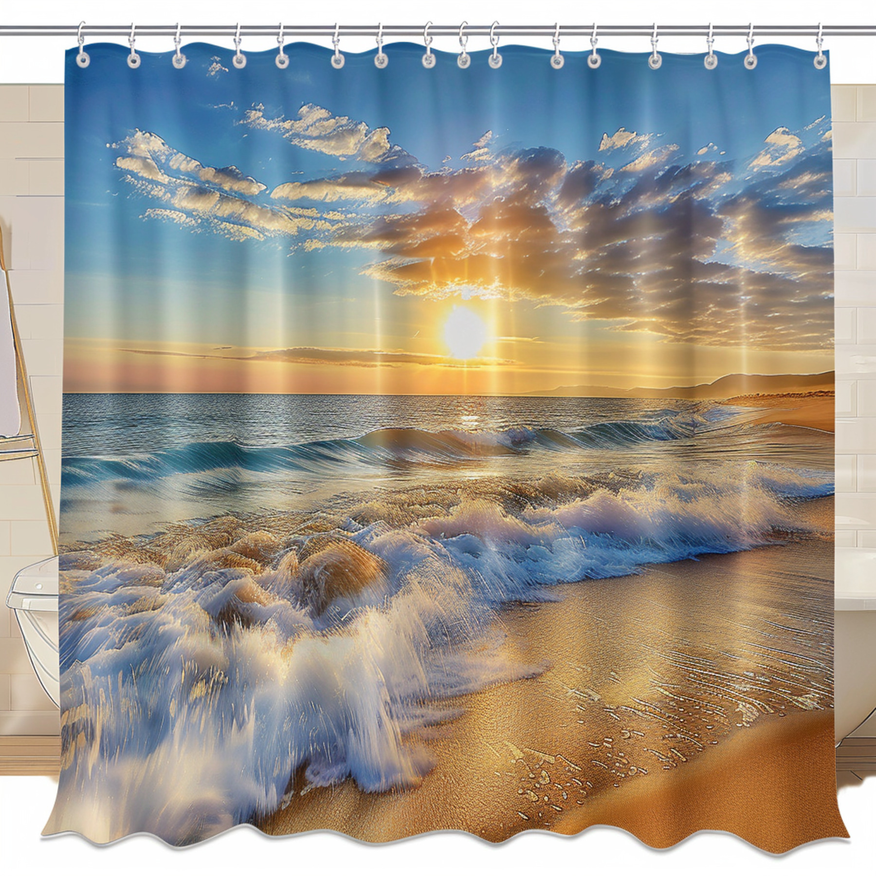 Sunset Beach Ocean Scene Shower Curtain Vibrant Colors Hyperrealistic