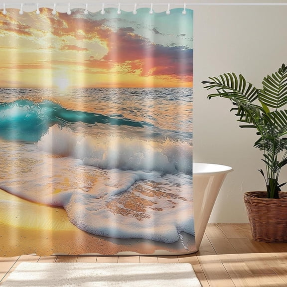 Sunset Beach Ocean Shower Curtains, Orange Yellow Blue Bathroom Curtain, Abstract Wave Tropical Shower Curtain with Hooks, Waterproof Fabric Bathtub Curtains-72"W x 72"L (Pack of 1)