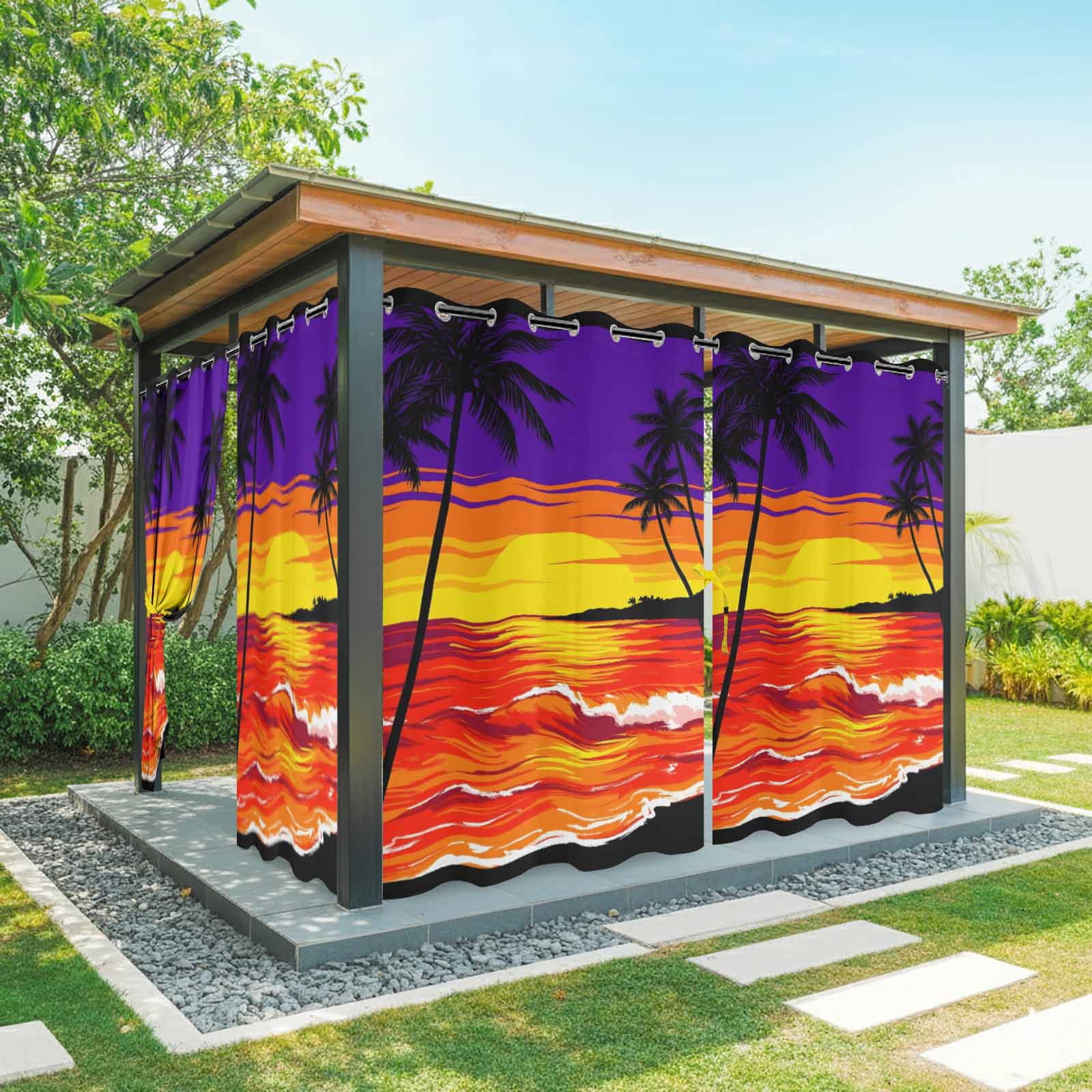 Sunset Beach Outdoor Curtains for Patio, Boho Tropical Palms Coastal Orange Evening Glow Sunshade Privacy Drapes Grommet Waterproof Outside Curtains for Porch/Cabana/Balcony 54"x 108", 1 Panel