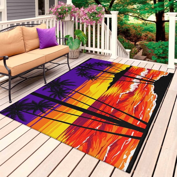 Sunset Beach Outdoor Rug for Patio/Deck/Porch, Non-Slip Large Area Rug 4 x 6 Ft, Coastal Tropical Palm Tree Seaside Indoor Outdoor Rugs Washable Area Rugs, Reversible Camping Rug Carpet Runner