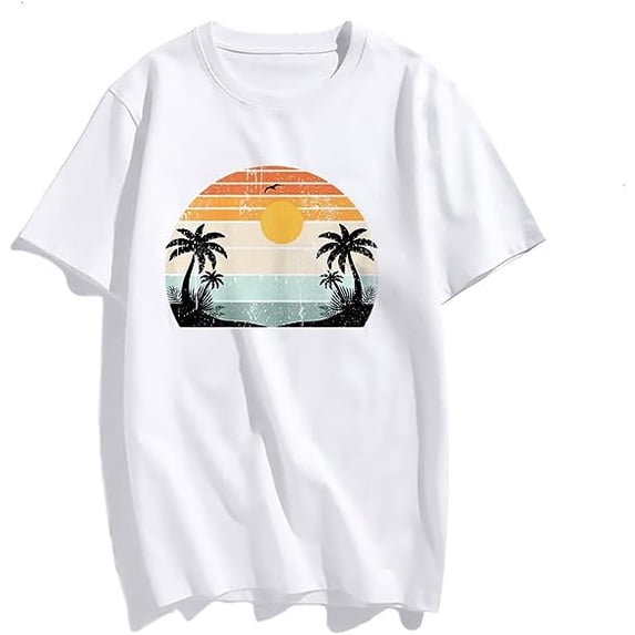 Sunset Beach Palm Tree Fashion Short Sleeve Casual Round Neck Vacation T-Shirt