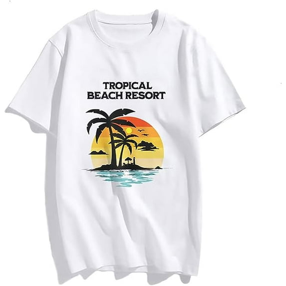 Sunset Beach Palm Tree Fashion Short Sleeve Casual Round Neck Vacation T-Shirt