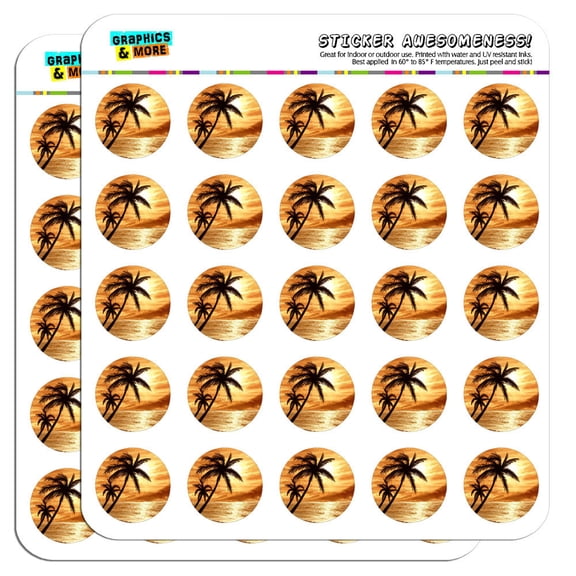 Sunset Beach Palm Tree Hawaii Paradise Orange 1" Scrapbooking Crafting Stickers