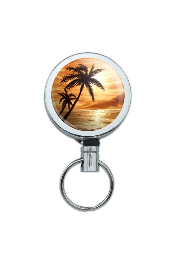 Sunset Beach Palm Tree Hawaii Paradise Orange Retractable Belt Clip Badge Key Holder