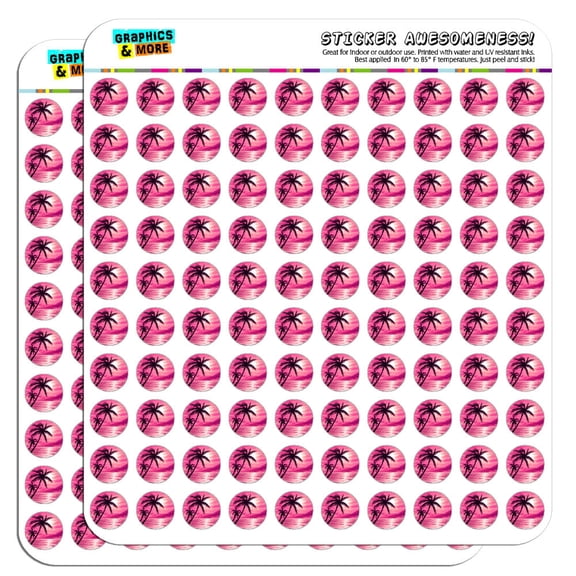 Sunset Beach Palm Tree Hawaii Paradise Pink 1/2" (0.5") Scrapbooking Crafting Stickers