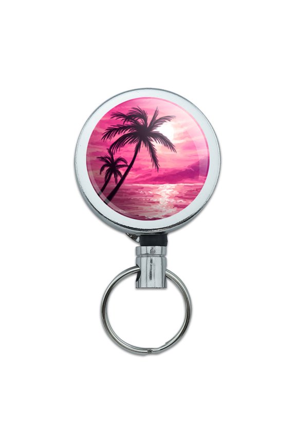 Sunset Beach Palm Tree Hawaii Paradise Pink Retractable Belt Clip Badge Key Holder