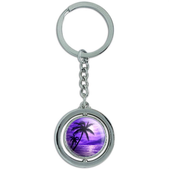 Sunset Beach Palm Tree Hawaii Paradise Purple Spinning Circle Metal Keychain