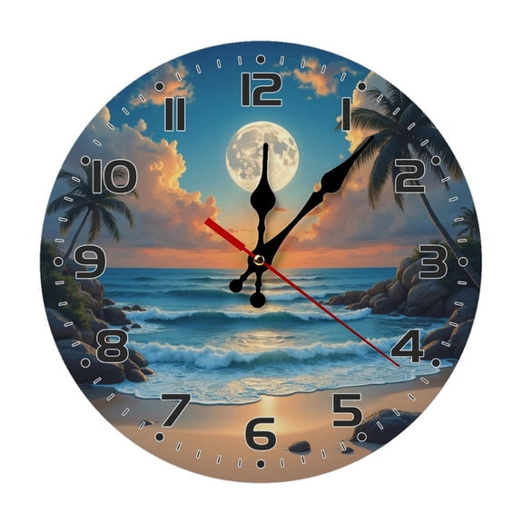 Sunset Beach Palm Tree Wall Clock 10 Inch Silent Non Ticking Round Wooden Clock Decoration for Living Room Kitchen Bedroom Bathroom Office Classroom