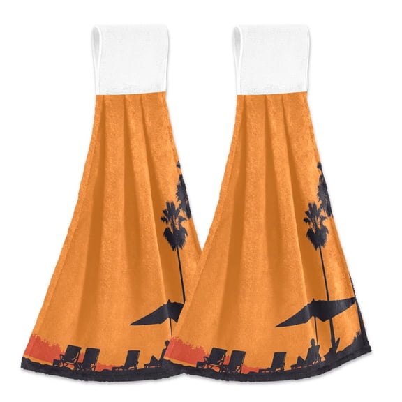 Sunset Beach Palm Trees Hanging Towels with Loop Hand Towels Nylon Fastener Tape Design Dish Cloths 2 Pieces