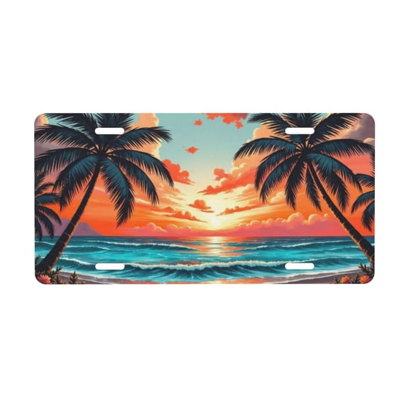Sunset Beach with Palm Trees License Plate with 4 Holes,Novelty Aluminum Metal Car Plate Vanity Tag Decorative Car Front Accessories for Women Men,6"x12"
