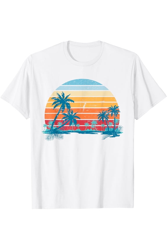 Sunset Beach Palms Summer Vibes Retro Tropical Summer T-ShirtMen and women, White T-shirt, size: Extra large
