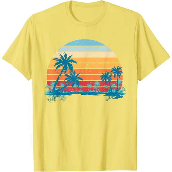 Sunset Beach Palms Summer Vibes Retro Tropical Unisex T-Shirt for Men Women Kids Toddler,Cornsilk Color,Size YM