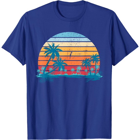 Sunset Beach Palms Summer Vibes Retro Tropical Unisex T-Shirt for Men Women Kids Toddler,Royal Blue Color,Size 3T