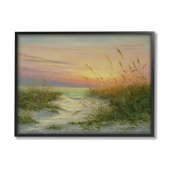 Sunset Beach Path Reeds Coastal Painting Black Framed Art Print Wall Art