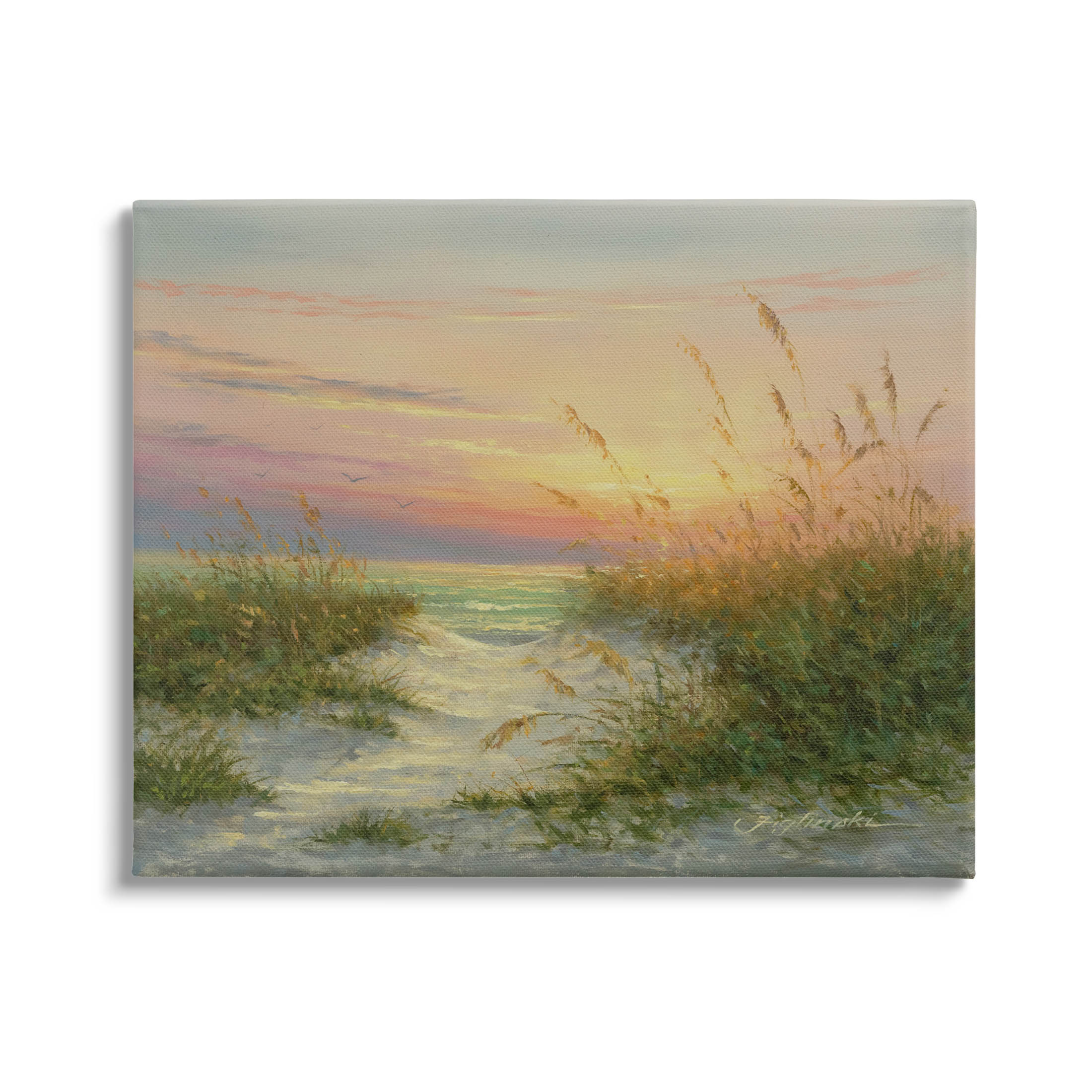 Sunset Beach Path Reeds Coastal Painting Gallery Wrapped Canvas Print Wall Art