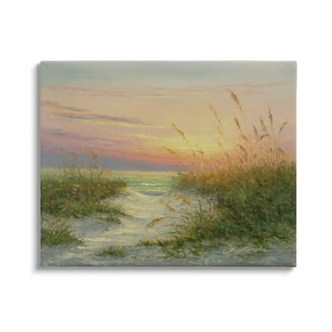 Sunset Beach Path Reeds Coastal Painting Gallery Wrapped Canvas Print Wall Art