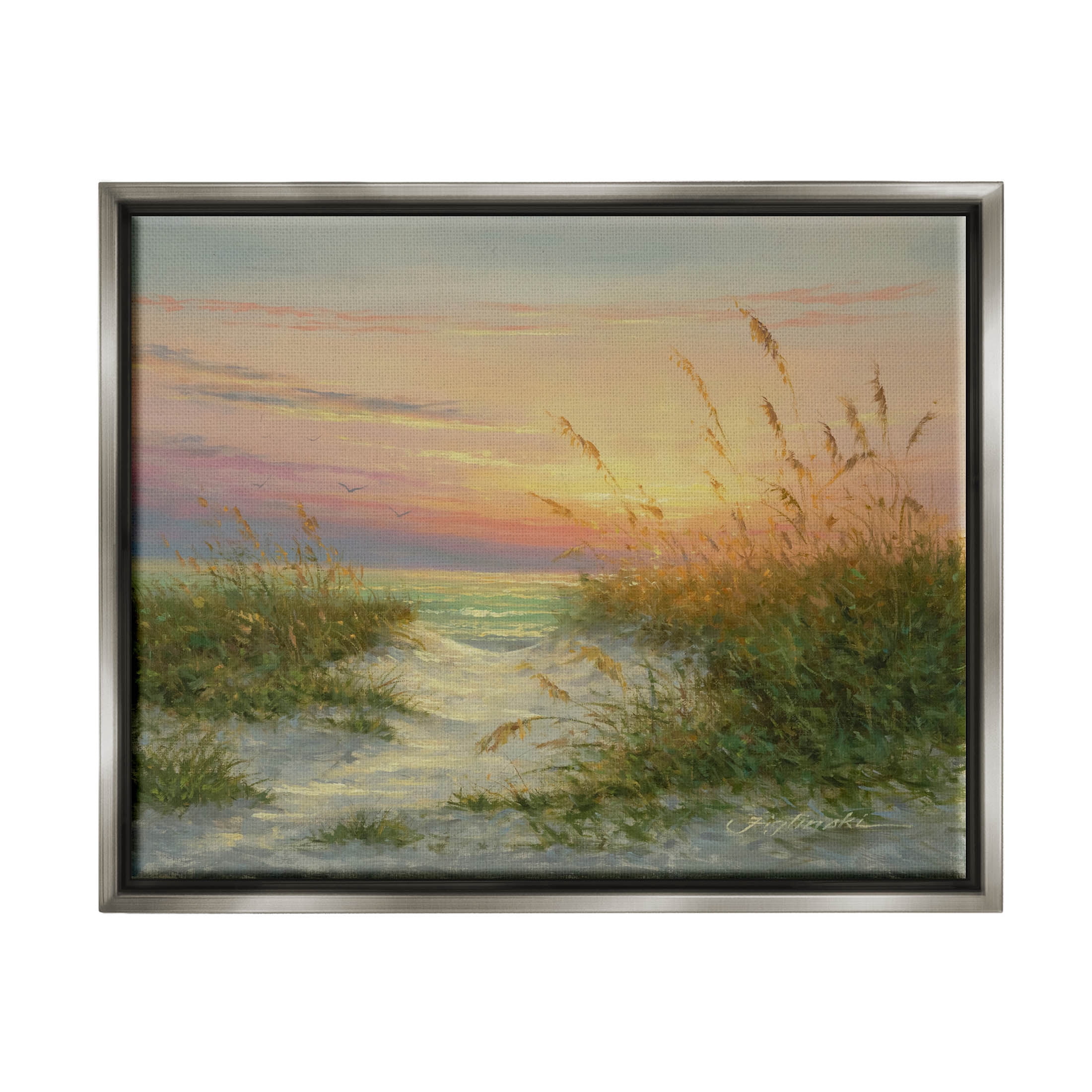 Sunset Beach Path Reeds Coastal Painting Luster Gray Framed Art Print Wall Art