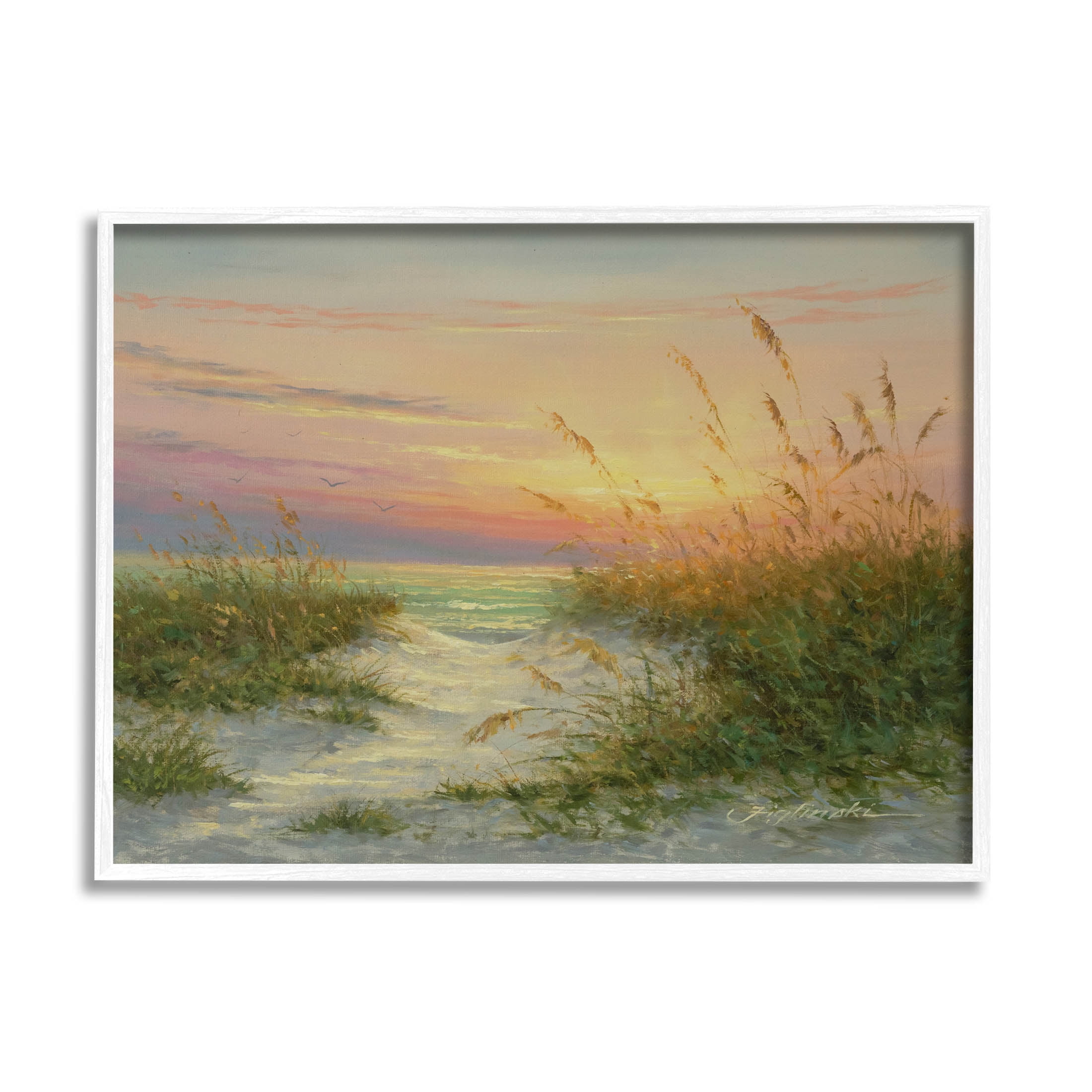 Sunset Beach Path Reeds Coastal Painting White Framed Art Print Wall Art