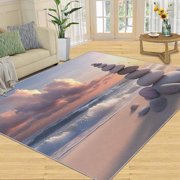 Sunset Beach Pebbles Rugs for Bedroom, Zen Beach Area Rug, Zen Print Rugs for Living Room, Indoor Non-Slip Rug, Machine Washable Carpet for Front Entrance Floor Decor 2 x 3ft