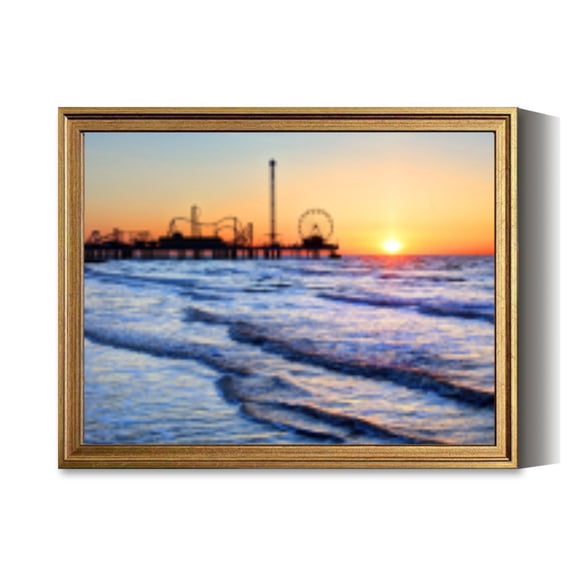 Sunset Beach Pier Ferris Wheel Vintage Gold Framed Wall Art Decor Retro Canvas Paintings for Living RoomBedroom