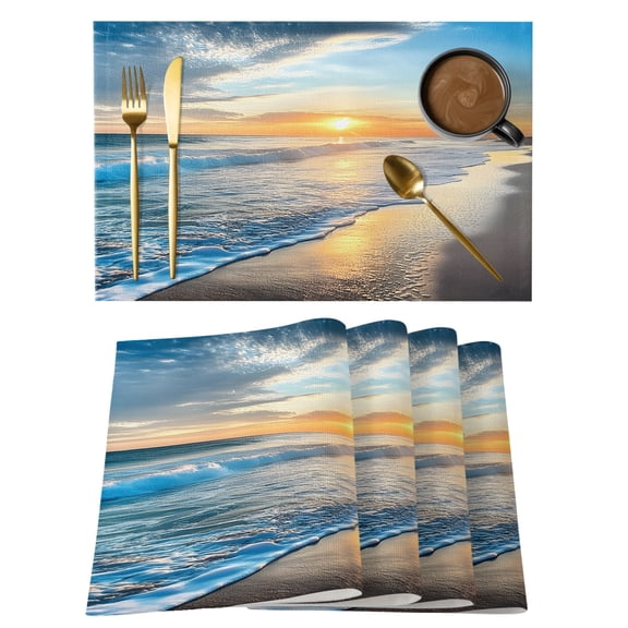 Sunset Beach Placemats Set of 8, Cotton Linen Fabric Place Mats, Spray Ocean Waves Sky Nature Scenery Washable Decorative Table Mats Protector for Home Kitchen Dining Wedding Party Coffee Tables
