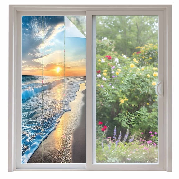 Sunset Beach Privacy Window Film, Decorative Frosted Glass Window Film, Spray Ocean Waves Sky Nature Scenery Reusable Peel and Stick Static Cling for Home Bathroom Office Glass Door 35.4"x78.7"
