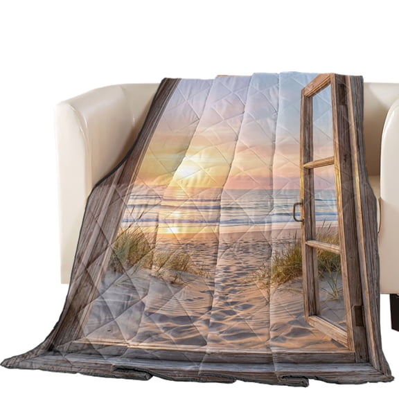 Sunset Beach Quilted Comforters Cooling Blanket Oversized King Size, Ocean Wooden Window Coastal Landscape Cold Comfort for Hot Sleepers Lightweight Air Conditioning Quilt Blanket for Bed