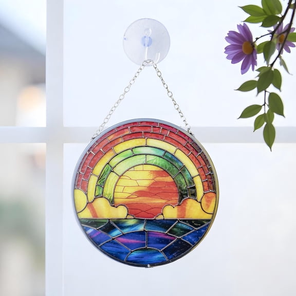 Sunset Beach Rainbow Coastal Glass Wall Art - Artistic Panel, Stained Glass Effect, Boho Abstract Design, Unique Housewarming Gifts, Living Room Home Decor