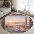thumbnail image 1 of Sunset Beach Round Living Room Rugs 4 ft, Ocean Wooden Window Coastal Landscape Washable Area Rug with Non-Slip Sturdy Edge Binding Round Carpet for Entryway Kitchen Bedroom Bathroom, 1 of 9
